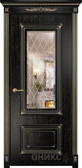 Дверь Оникс модель Мадрид цвет Эмаль черная патина золото зеркало гравировка Британия