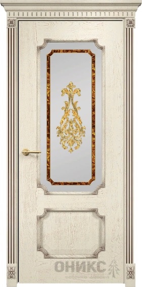 Дверь Оникс модель Палермо цвет Слоновая кость патина коричневая сатинат витраж заливной-2