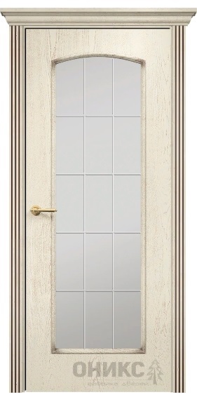 Дверь Оникс модель Глория цвет Слоновая кость патина коричневая стекло гравировка Решётка