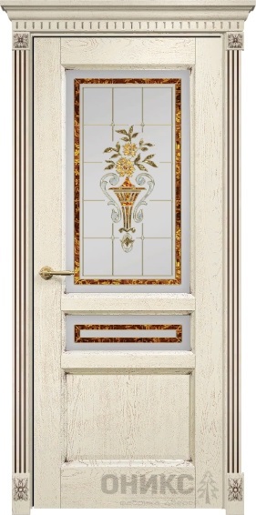 Дверь Оникс модель Италия-3 цвет Слоновая кость патина коричневая сатинат витраж заливной-1