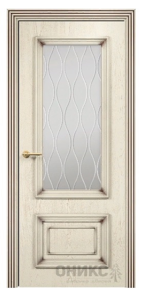 Дверь Оникс модель Мадрид цвет Слоновая кость патина коричневая сатинат гравировка Волна