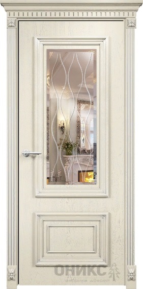 Дверь Оникс модель Мадрид цвет Слоновая кость патина серебро зеркало гравировка Волна