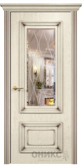 Дверь Оникс модель Мадрид цвет Слоновая кость патина коричневая зеркало гравировка Волна