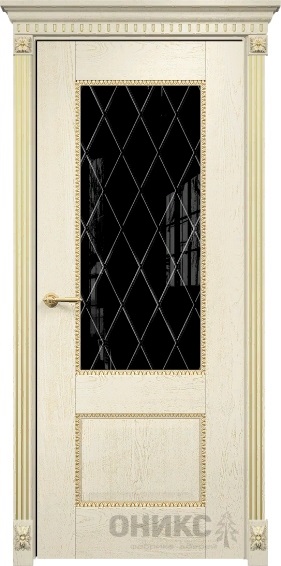 Дверь Оникс модель Александрия-2 цвет Слоновая кость патина золото триплекс чёрный гравировка Ромб
