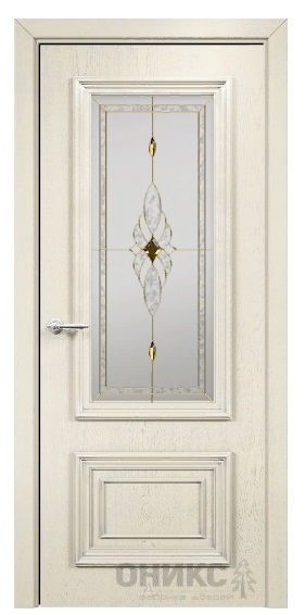 Дверь Оникс модель Мадрид цвет Слоновая кость патина серебро сатинат витраж Бевелс золото