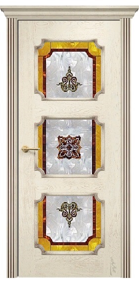 Дверь Оникс модель Валенсия цвет Слоновая кость патина коричневая стекло витраж Желтый
