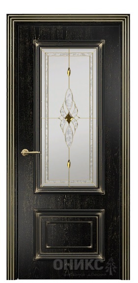 Дверь Оникс модель Мадрид цвет Эмаль черная патина золото сатинат витраж Бевелс золото
