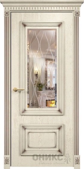 Дверь Оникс модель Мадрид цвет Слоновая кость патина коричневая зеркало гравировка Волна