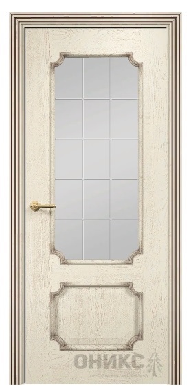 Дверь Оникс модель Палермо цвет Слоновая кость патина коричневая сатинат гравировка Решетка