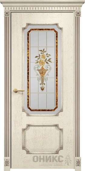 Дверь Оникс модель Палермо цвет Слоновая кость патина коричневая сатинат витраж заливной-1
