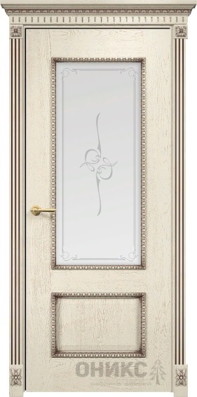 Дверь Оникс модель Марсель с декором цвет Слоновая кость патина коричнева сатинат пескоструй Эллипс