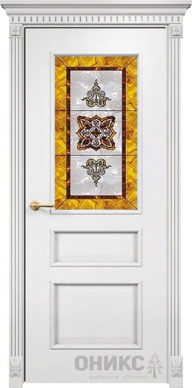 Дверь Оникс модель Версаль цвет Эмаль белая по ясеню сатинат витраж Желтый