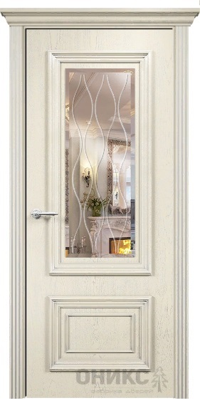 Дверь Оникс модель Мадрид цвет Слоновая кость патина серебро зеркало гравировка Волна