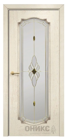 Дверь Оникс модель Венеция-2 цвет Слоновая кость патина коричневая стекло витраж Бевелс