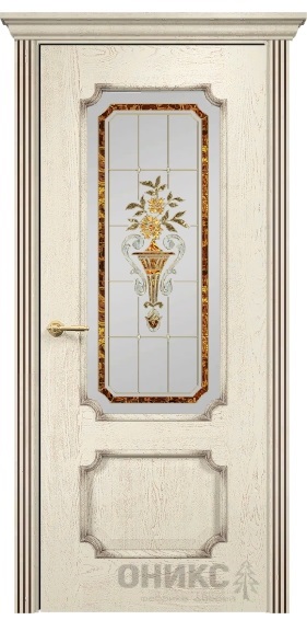 Дверь Оникс модель Палермо цвет Слоновая кость патина коричневая сатинат витраж заливной-1