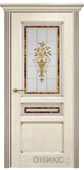 Дверь Оникс модель Италия-3 цвет Слоновая кость патина коричневая сатинат витраж заливной-1