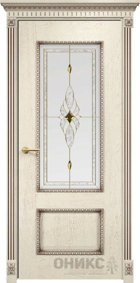 Дверь Оникс модель Марсель с декором цвет Слоновая кость патина коричнева сатинат витраж Бевелс