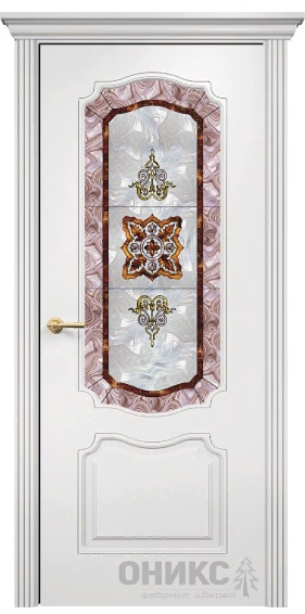 Дверь Оникс модель Венеция фреза цвет Эмаль белая сатинат витраж Бордо
