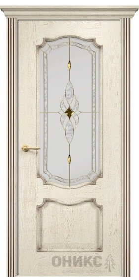 Дверь Оникс модель Венеция цвет Слоновая кость патина коричневая стекло витраж Бевелс