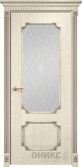 Дверь Оникс модель Палермо цвет Слоновая кость патина коричневая сатинат гравировка Британия
