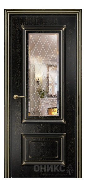 Дверь Оникс модель Мадрид цвет Эмаль черная патина золото зеркало гравировка Британия