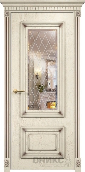 Дверь Оникс модель Мадрид цвет Слоновая кость патина коричневая зеркало гравировка Британия