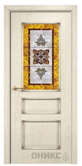 Дверь Оникс модель Версаль цвет Слоновая кость патина коричневая сатинат витраж Жёлтый