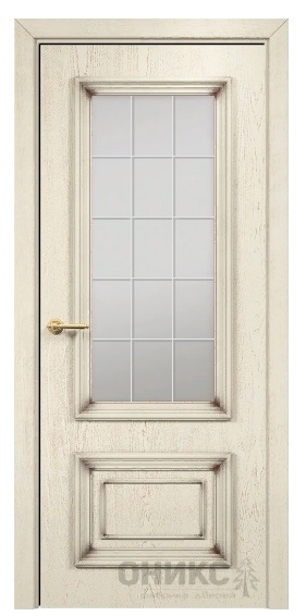 Дверь Оникс модель Мадрид цвет Слоновая кость патина коричневая сатинат гравировка Решетка