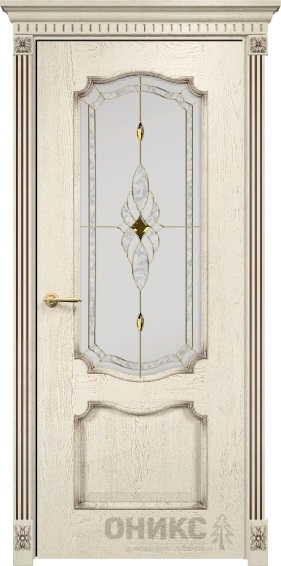 Дверь Оникс модель Венеция цвет Слоновая кость патина коричневая стекло витраж Бевелс