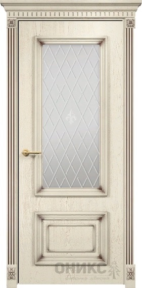 Дверь Оникс модель Мадрид цвет Слоновая кость патина коричневая сатинат гравировка Британия