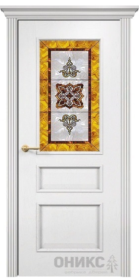 Дверь Оникс модель Версаль цвет Эмаль белая по ясеню сатинат витраж Желтый