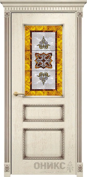 Дверь Оникс модель Версаль с декором цвет Слоновая кость патина коричневая сатинат витраж Желтый