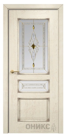 Дверь Оникс модель Версаль цвет Слоновая кость патина коричневая сатинат витраж Бевелс золото