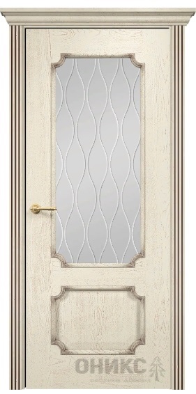 Дверь Оникс модель Палермо цвет Слоновая кость патина коричневая сатинат гравировка Волна