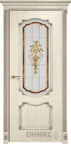Дверь Оникс модель Венеция цвет Слоновая кость патина коричневая стекло заливной витраж №1