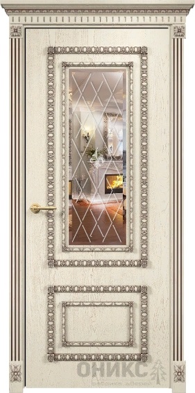 Дверь Оникс модель Прима цвет Слоновая кость патина коричневая зеркало гравировка Британия