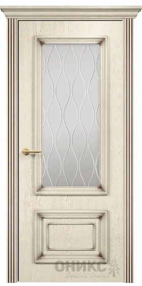 Дверь Оникс модель Мадрид цвет Слоновая кость патина коричневая сатинат гравировка Волна