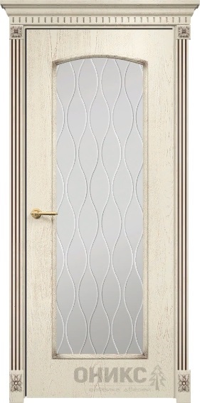 Дверь Оникс модель Глория цвет Слоновая кость патина коричневая стекло гравировка Волна