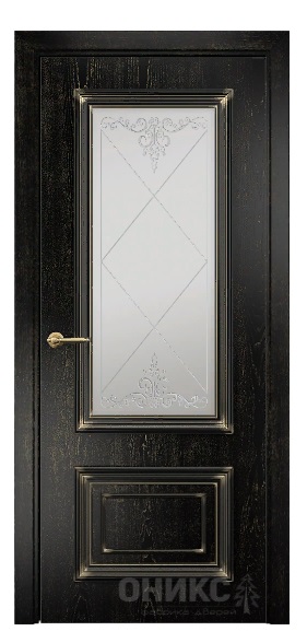 Дверь Оникс модель Мадрид цвет Эмаль черная патина золото сатинат витраж контурный-1