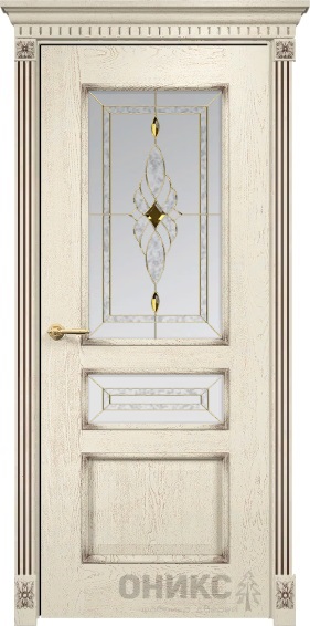 Дверь Оникс модель Версаль цвет Слоновая кость патина коричневая сатинат витраж Бевелс золото