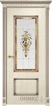 Дверь Оникс модель Марсель с декором цвет Слоновая кость патина коричнева сатинат витраж заливной-1