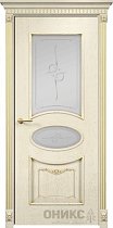 Дверь Оникс модель Эллипс с декором цвет Слоновая кость патина золото сатинат пескоструй Эллипс