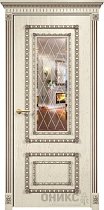 Дверь Оникс модель Прима цвет Слоновая кость патина коричневая зеркало гравировка Британия