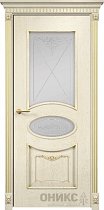 Дверь Оникс модель Эллипс с декором цвет Слоновая кость патина золото сатинат витраж контурный-1